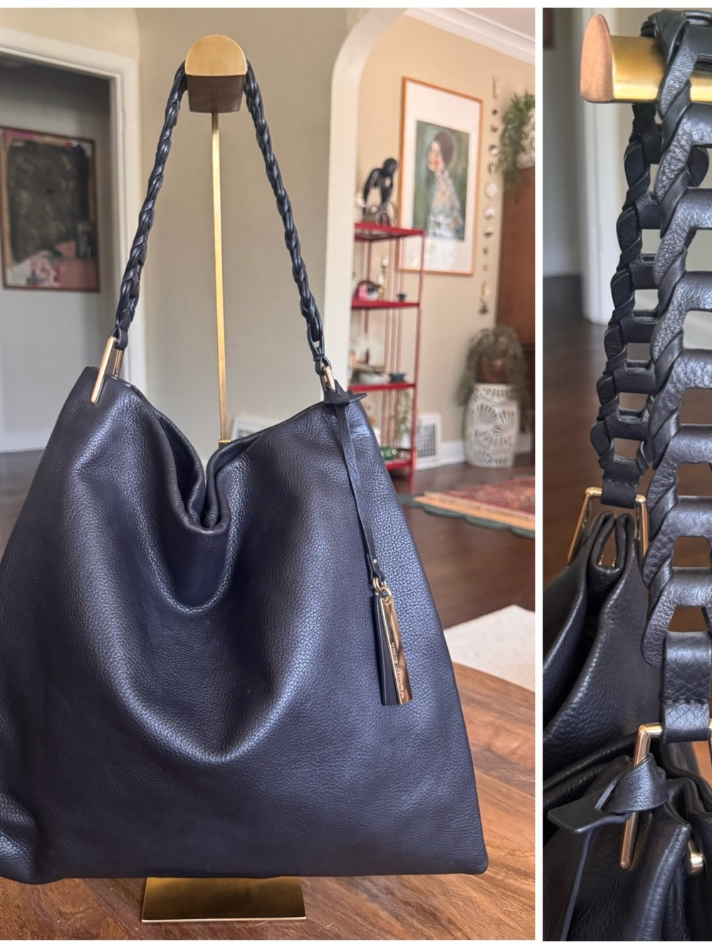 Vince Camuto Ruedi Slouchy Hobo Shoulder Bag Black Pebbled Leather Braided Strap